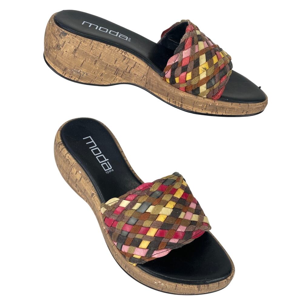 Moda Spana Women's Woven Multicolor Wedge Sandal Brown Pinks Yellow Cream S 7.5